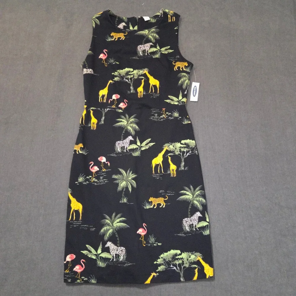 Old Navy Safari Animal Print Sheath Dress Womens S Black Giraffe Zebra Flamingo - Picture 1 of 11